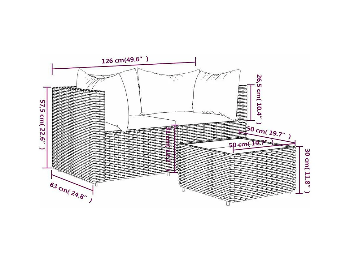 Salon de jardin 3 pcs avec coussins marron résine tressée