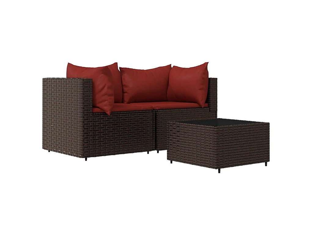 Salon de jardin 3 pcs avec coussins marron résine tressée