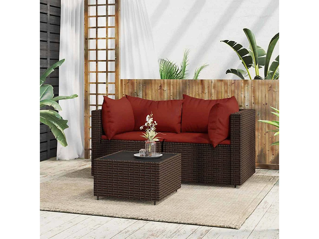 Salon de jardin 3 pcs avec coussins marron résine tressée