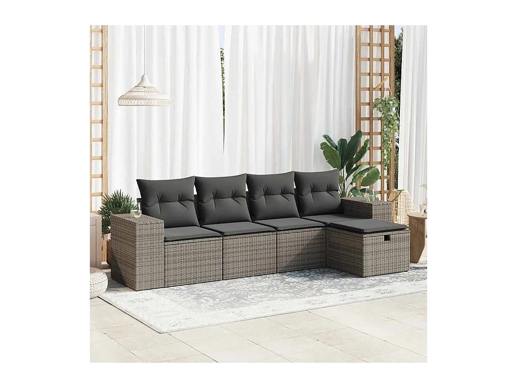 Salon de jardin 5 pcs avec coussins gris résine tressée