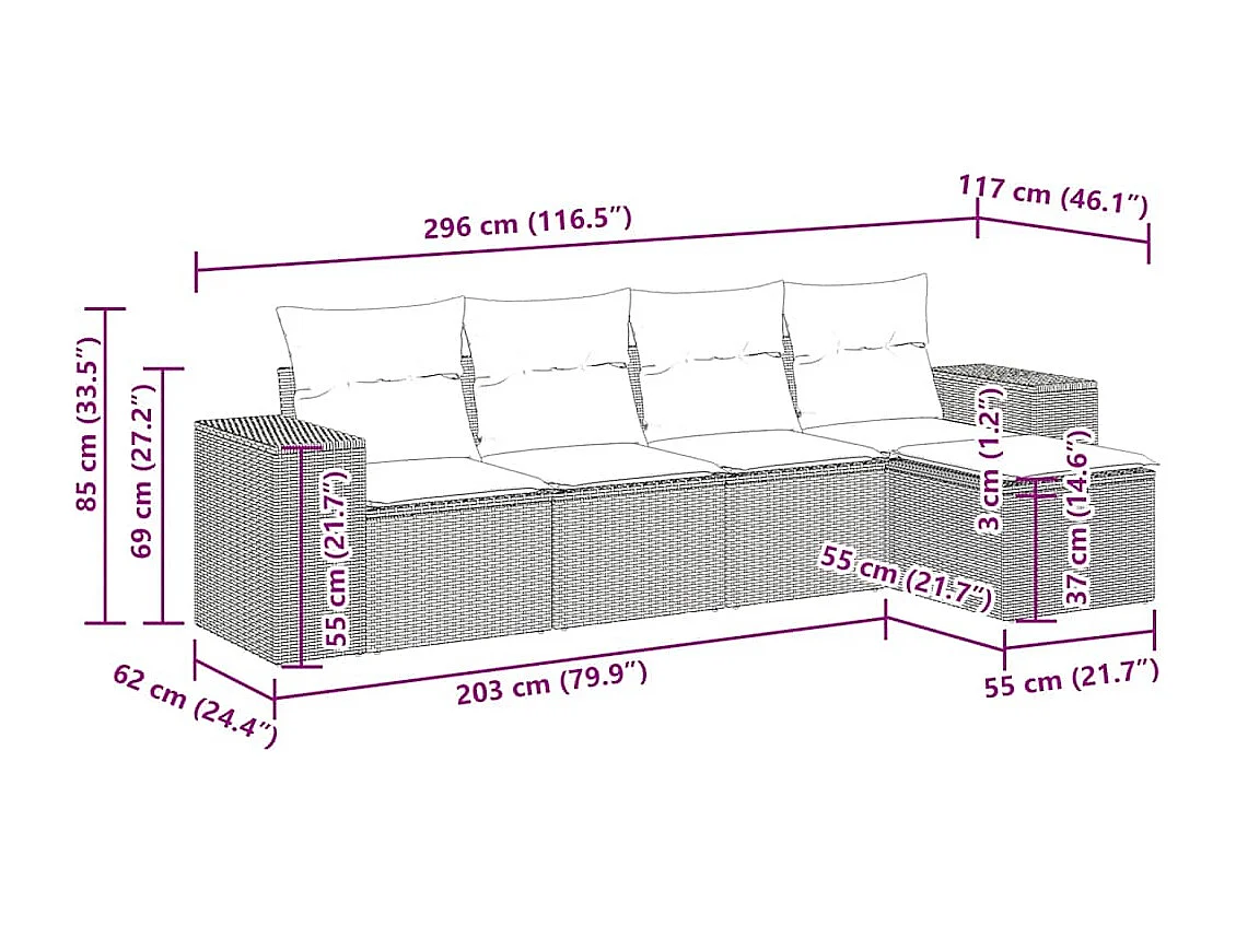 5 pcs conjunto sofás de jardim c/ almofadões vime PE cinzento