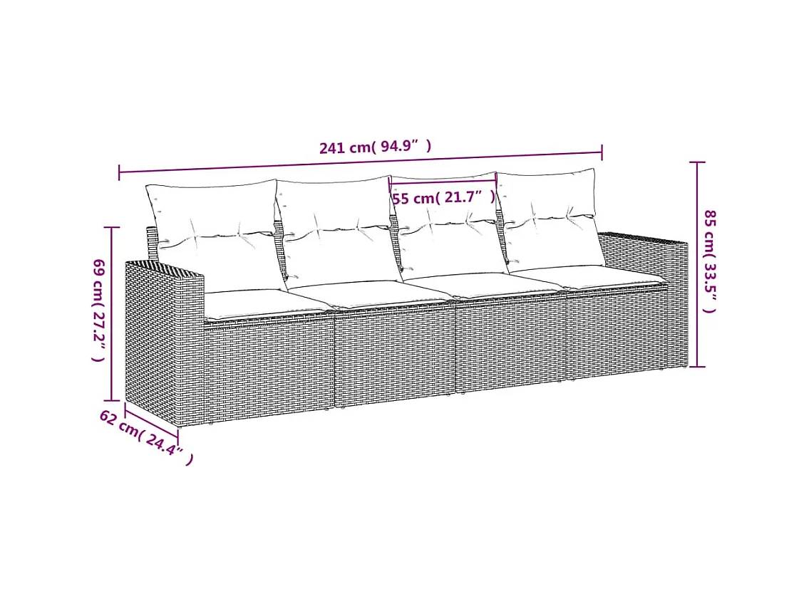 Salon de jardin 4 pcs avec coussins gris clair résine tressée