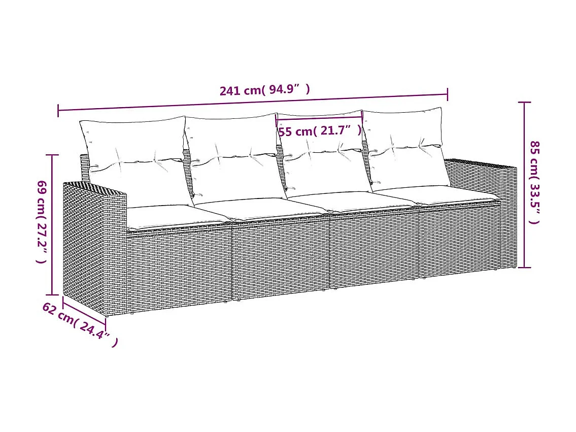 Salon de jardin 4 pcs avec coussins gris clair résine tressée