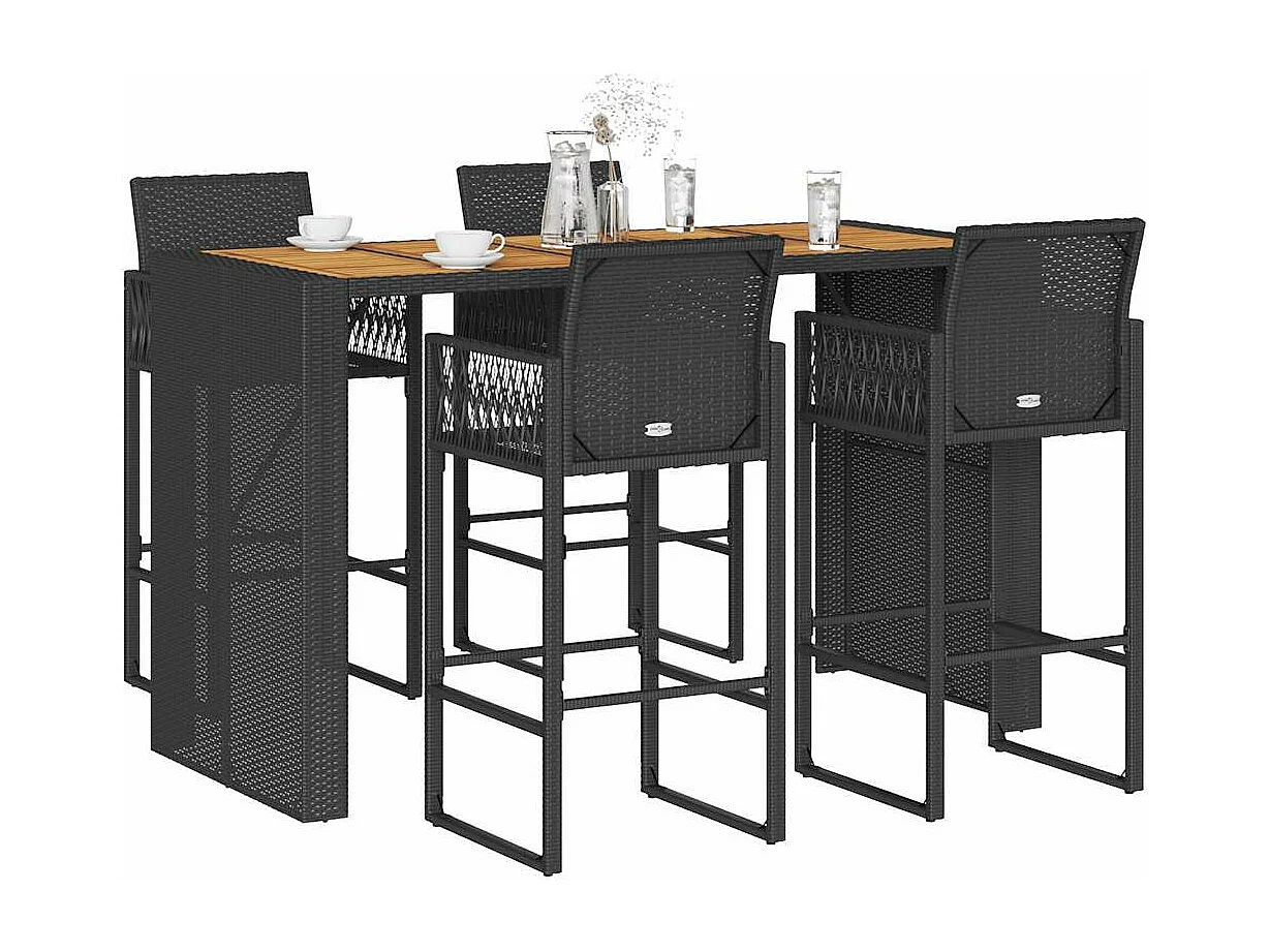 5-tlg. Gartenbar-Set ohne Kissen Schwarz Poly Rattan Akazie