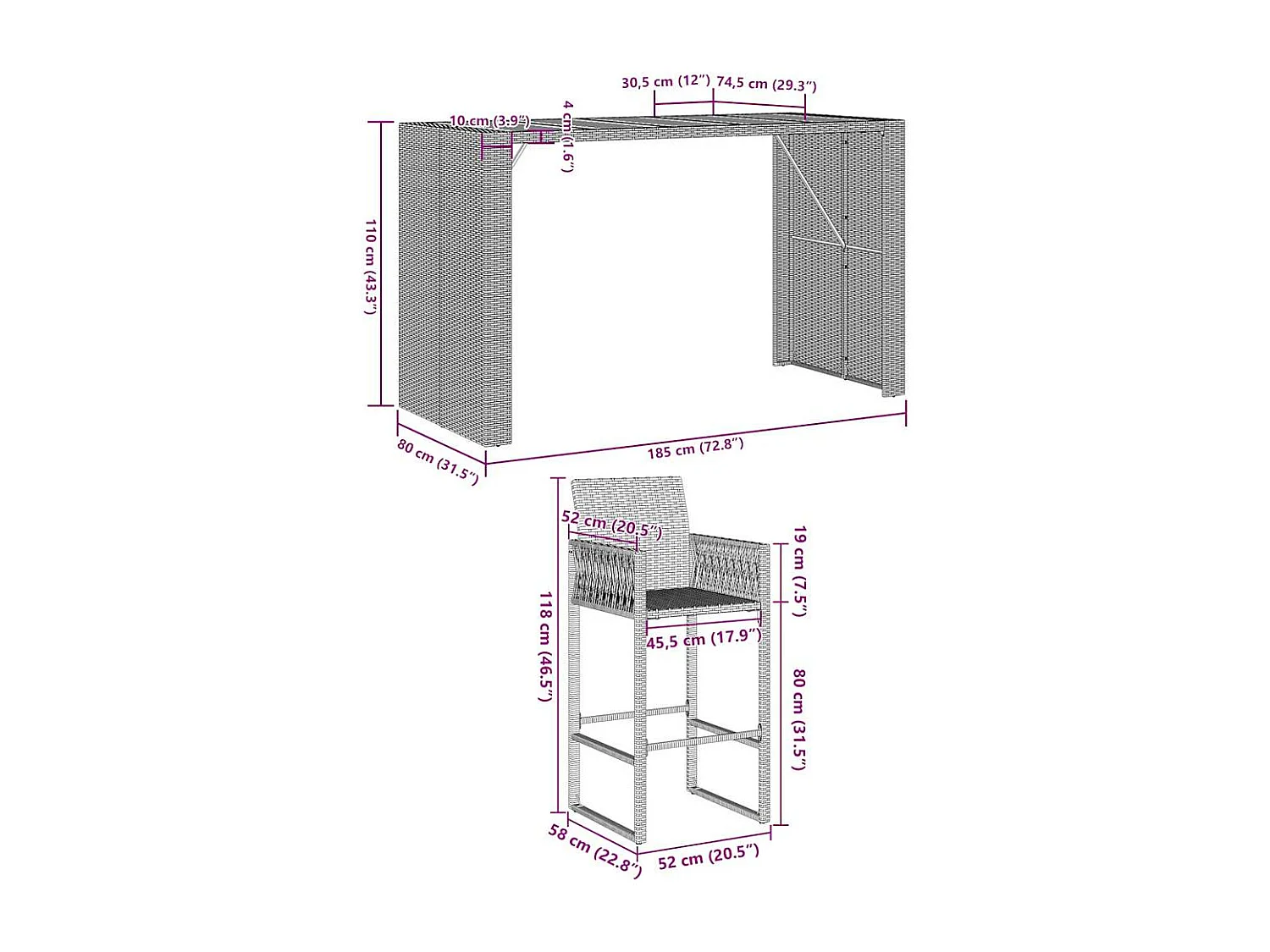5-tlg. Gartenbar-Set ohne Kissen Schwarz Poly Rattan Akazie