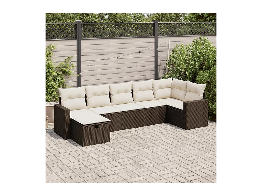 7-delige Loungeset met kussens poly rattan bruin