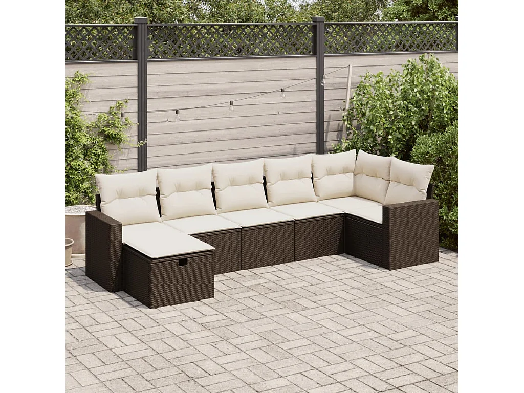 Salon de jardin avec coussins 7 pcs marron résine tressée