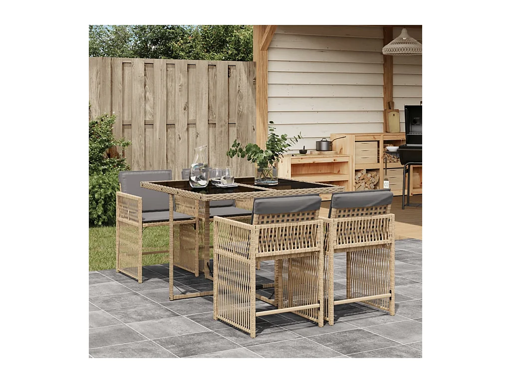 Ensemble à manger de jardin coussins 5 pcs mélange beige rotin