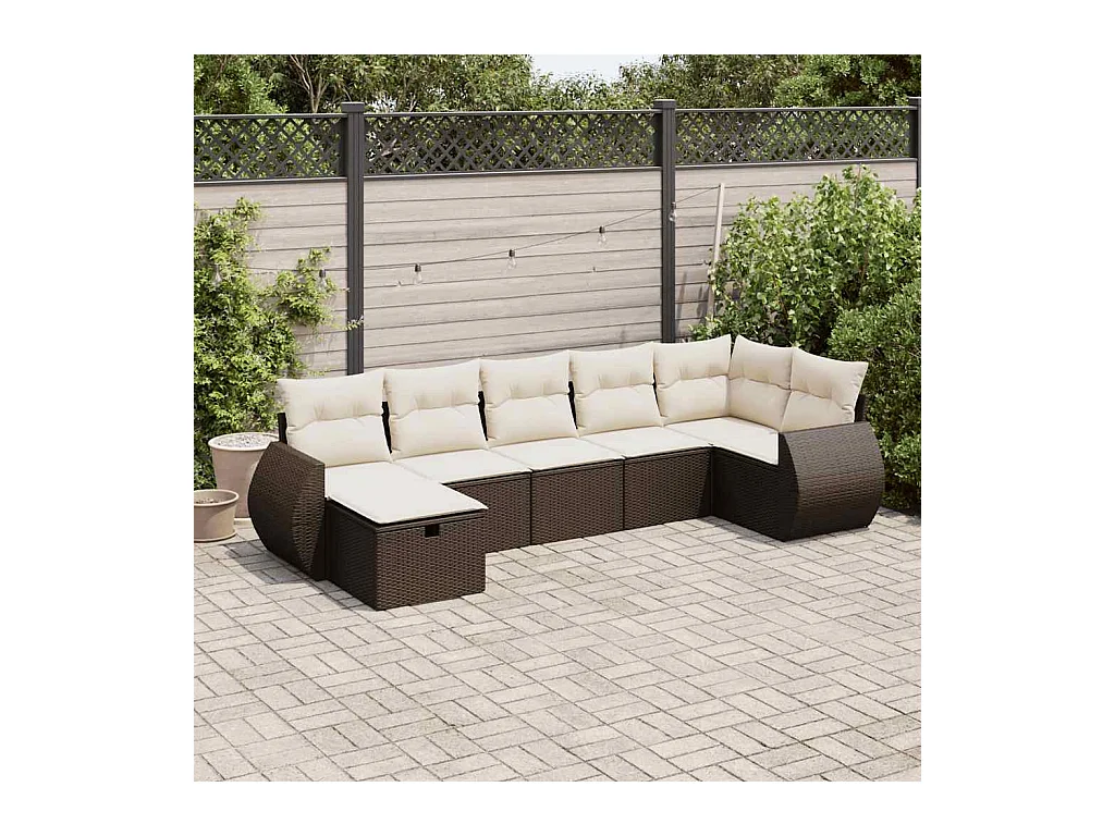 Salon de jardin avec coussins 7 pcs marron résine tressée