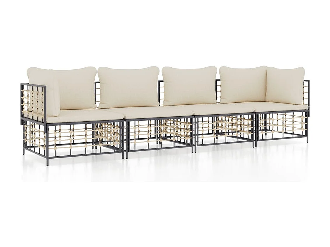 4-tlg. Garten-Lounge-Set mit Kissen Anthrazit Poly Rattan