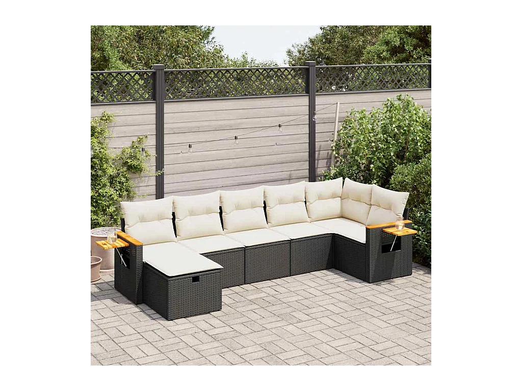 Salon de jardin 7 pcs avec coussins noir résine tressée