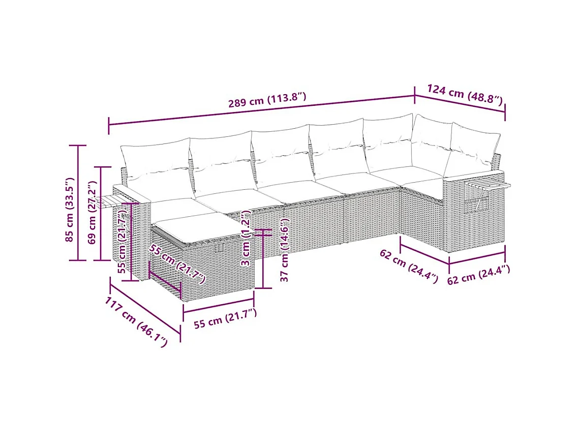 Salon de jardin 7 pcs avec coussins noir résine tressée