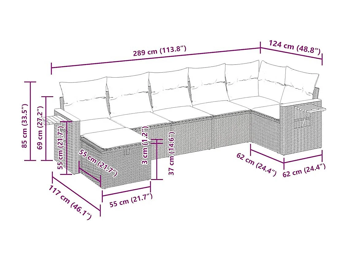 Set de sofás de jardín 7 pzas con cojines ratán sintético negro