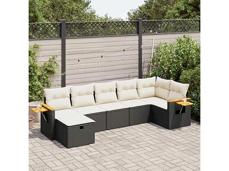 Salon de jardin 7 pcs avec coussins noir résine tressée