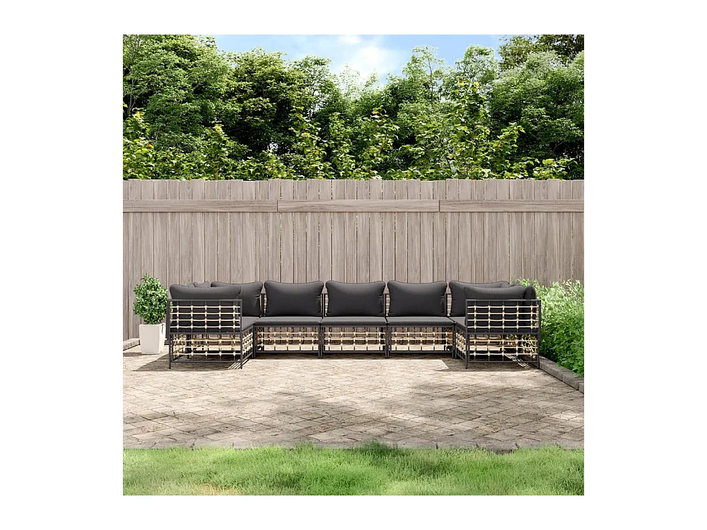 7-tlg. Garten-Lounge-Set mit Kissen Anthrazit Poly Rattan