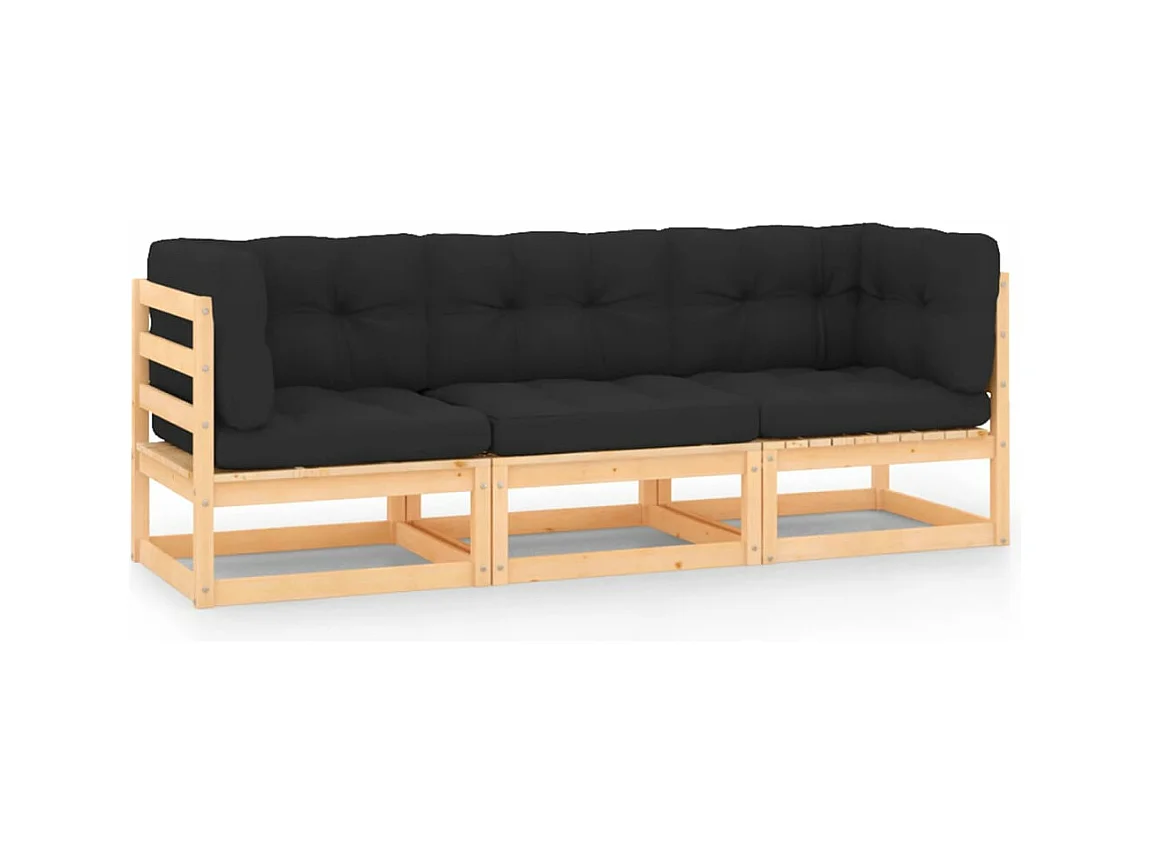 Salon de jardin 3 pcs avec coussins Bois de pin massif