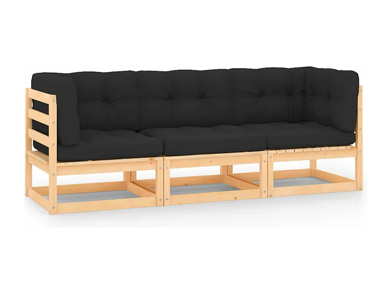 Set Divani da Giardino 3 pz con Cuscini Legno Massello di Pino