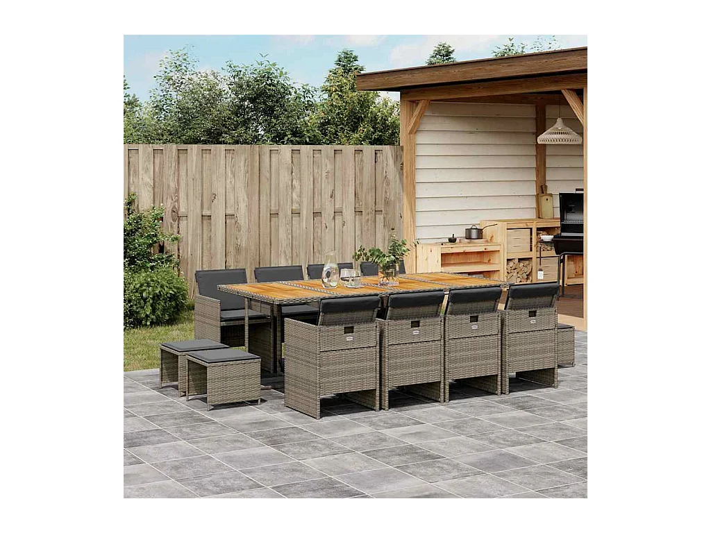 Ensemble à manger de jardin coussins 13 pcs gris résine tressée