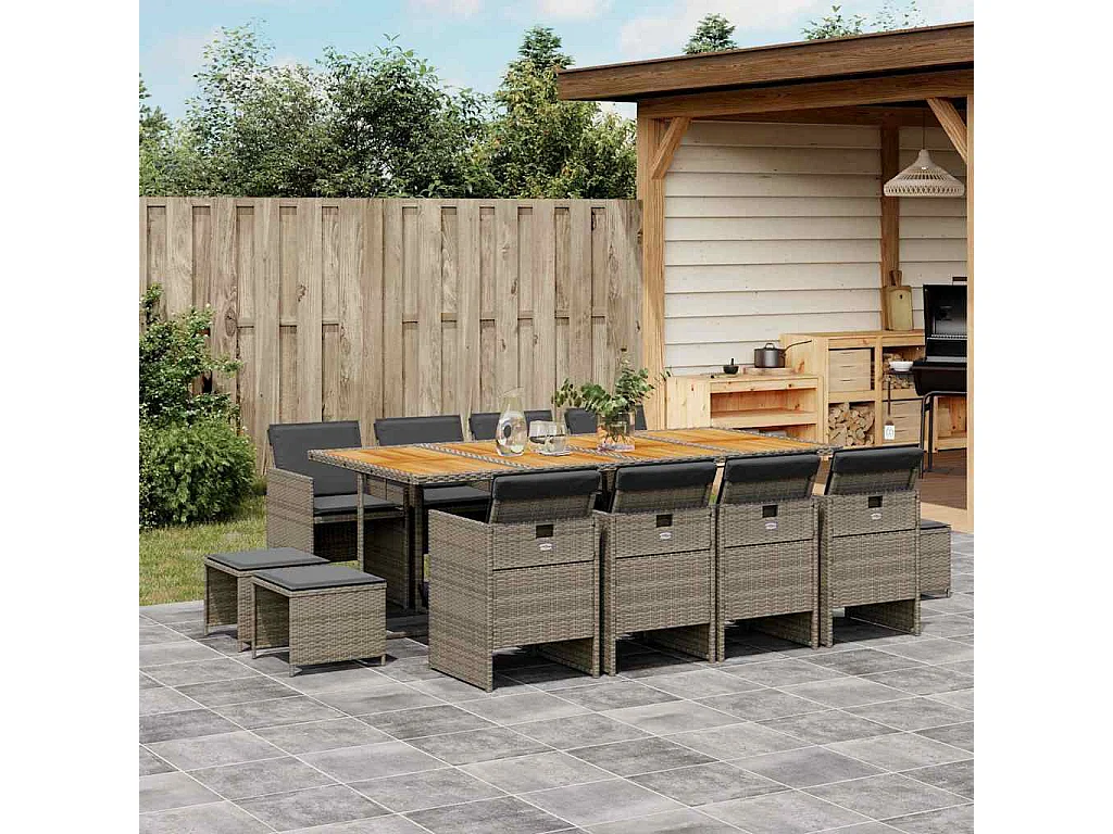 Ensemble à manger de jardin coussins 13 pcs gris résine tressée