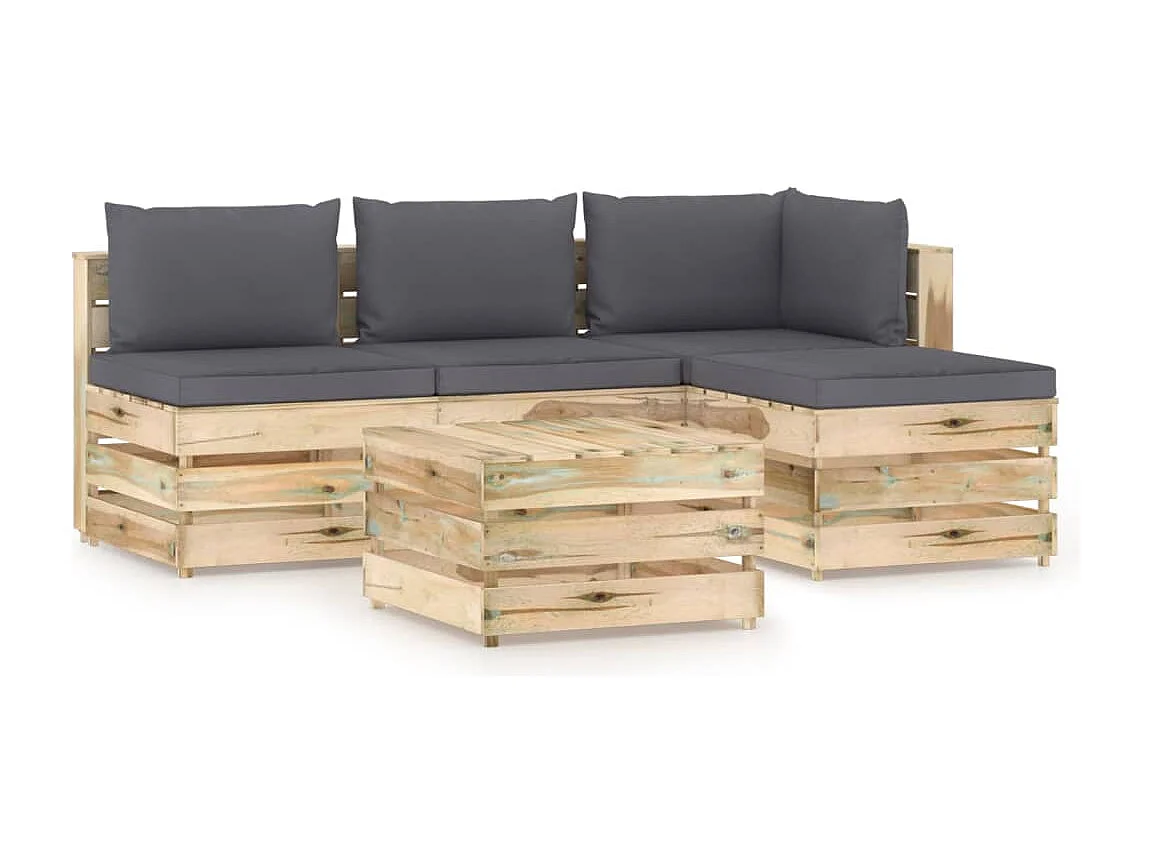 Set Salotto da Giardino con Cuscini 5 pz Legno Impregnato Verde