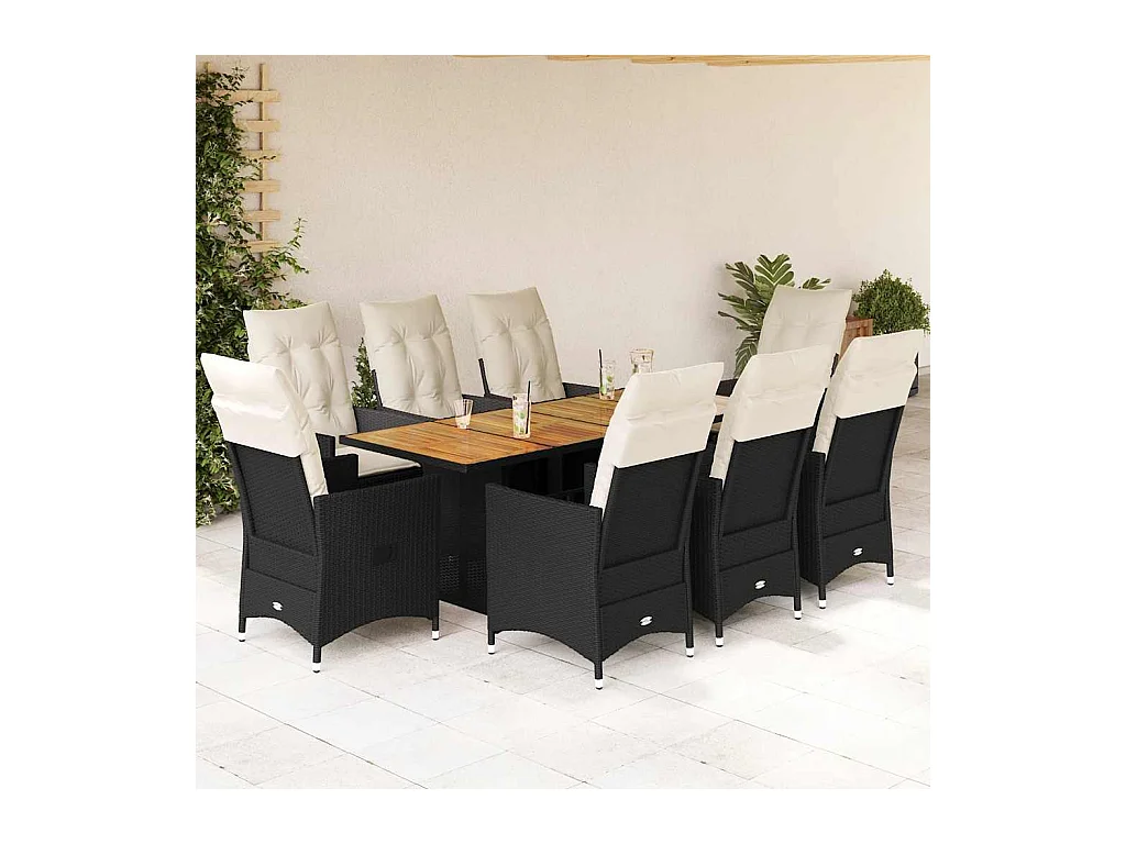9-tlg. Garten-Essgruppe mit Kissen Schwarz Poly Rattan