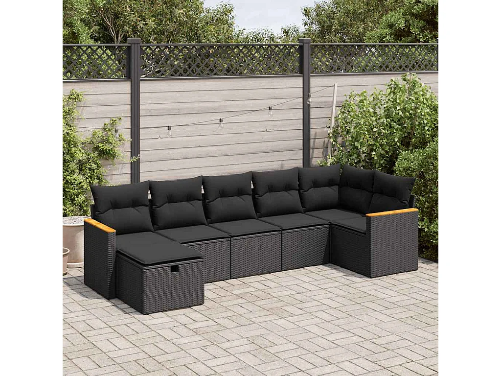 7-delige Loungeset met kussens poly rattan zwart