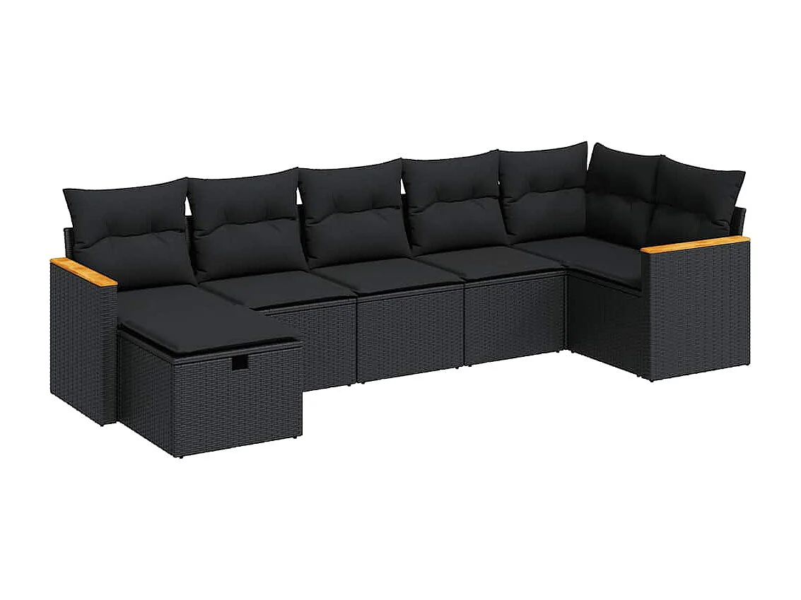 7-delige Loungeset met kussens poly rattan zwart
