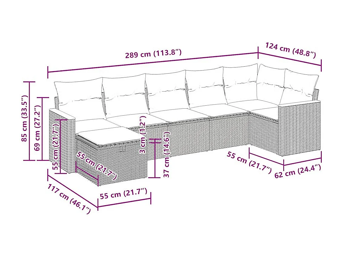7-delige Loungeset met kussens poly rattan zwart