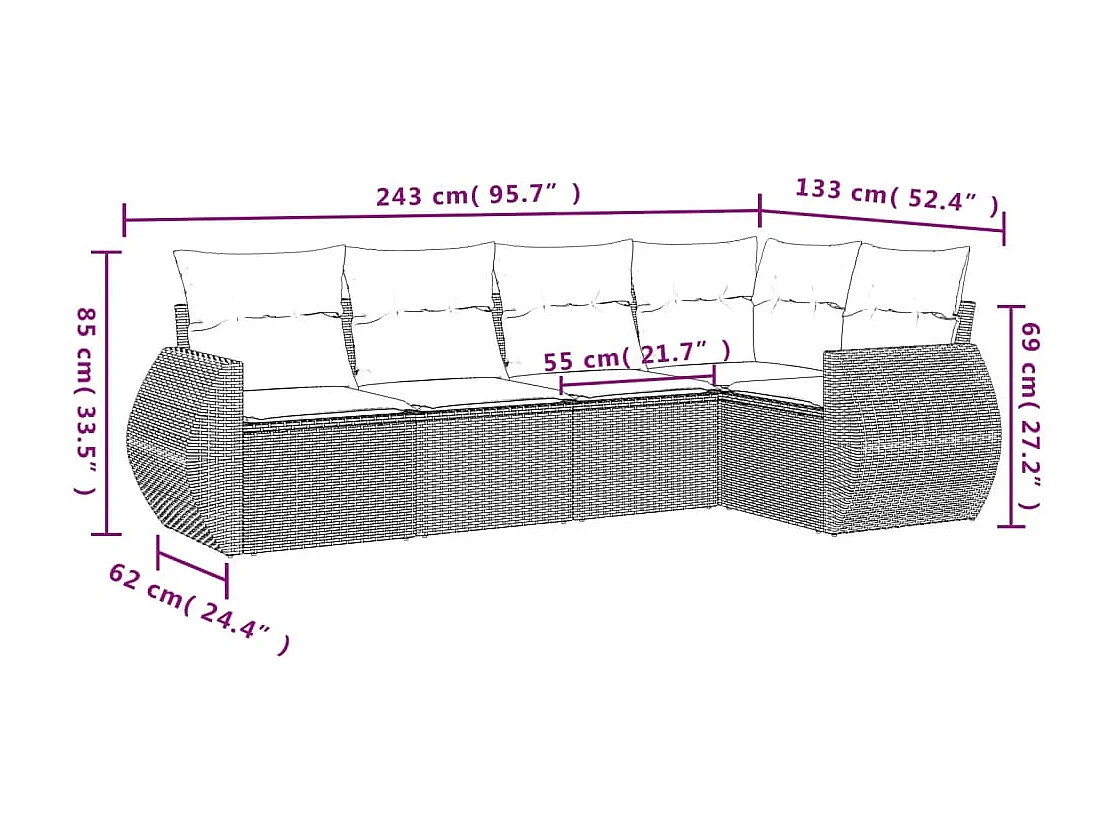 Salon de jardin avec coussins 5 pcs marron résine tressée