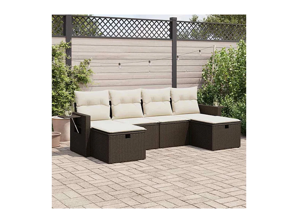 6-delige Loungeset met kussens poly rattan bruin