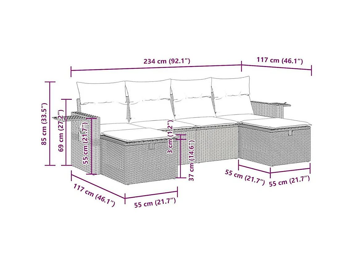 6-delige Loungeset met kussens poly rattan bruin