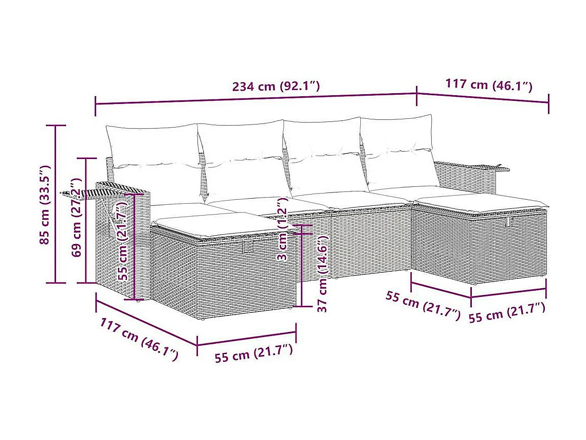 6-tlg. Garten-Sofagarnitur mit Kissen Braun Poly Rattan