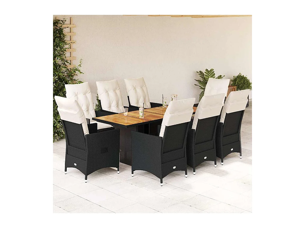 9-tlg. Garten-Essgruppe mit Kissen Schwarz Poly Rattan