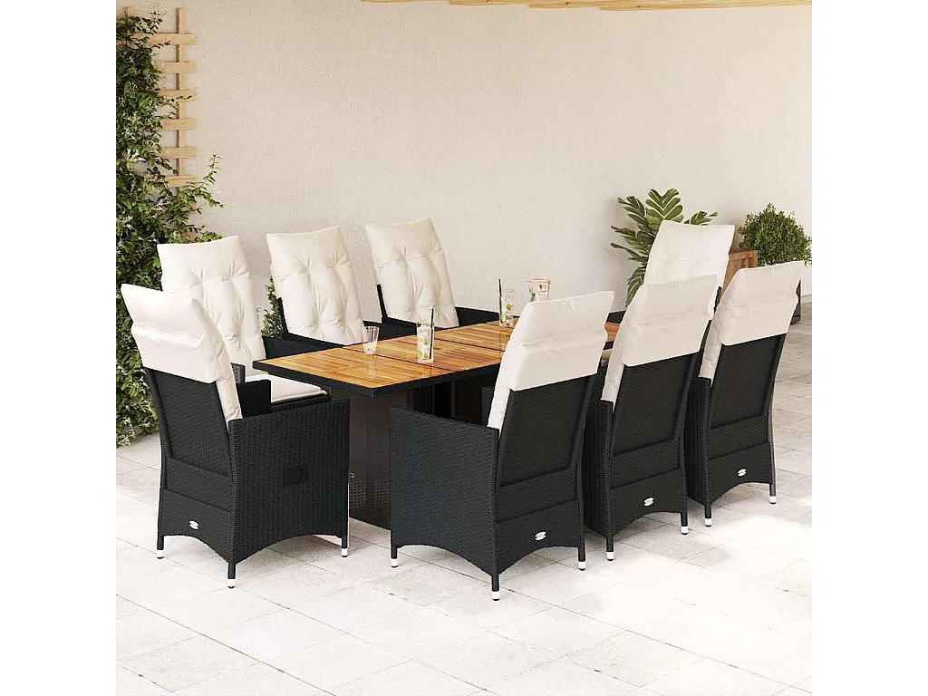 Ensemble à manger de jardin 9pcs coussins noir résine tressée