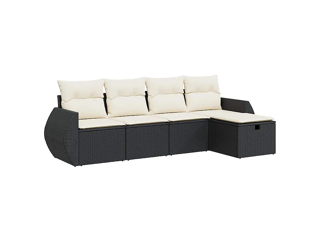 5-delige Loungeset met kussens poly rattan zwart