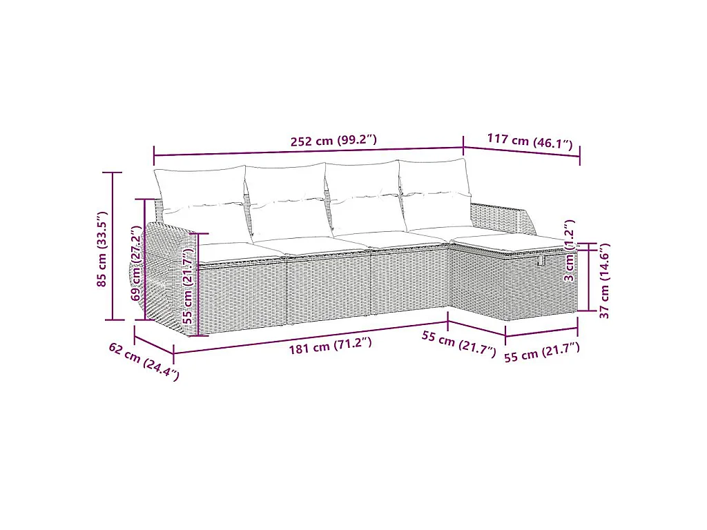 5-delige Loungeset met kussens poly rattan zwart