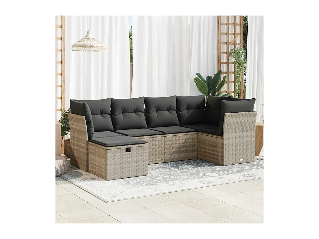 Salon de jardin 6 pcs avec coussins gris clair résine tressée