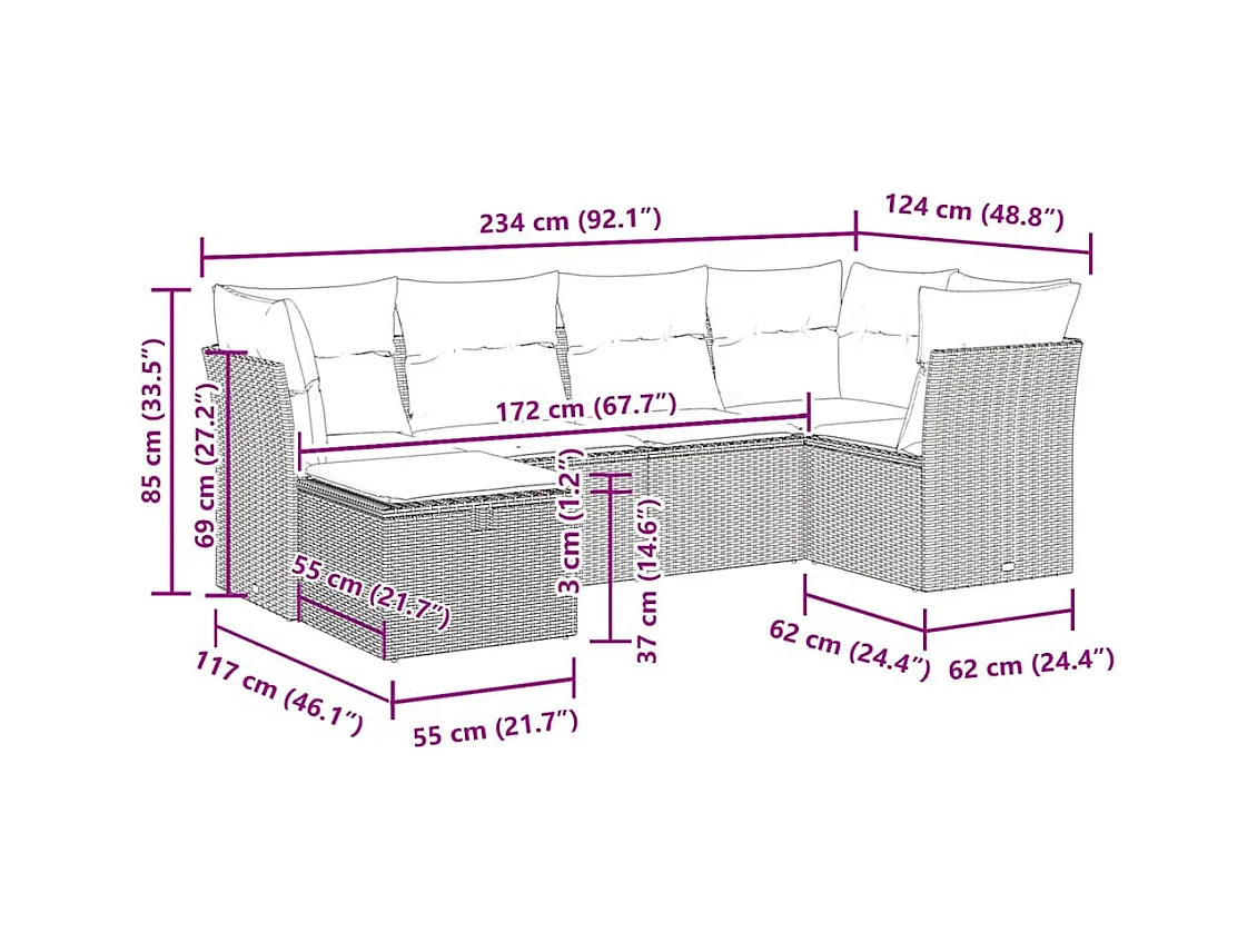 Salon de jardin 6 pcs avec coussins gris clair résine tressée