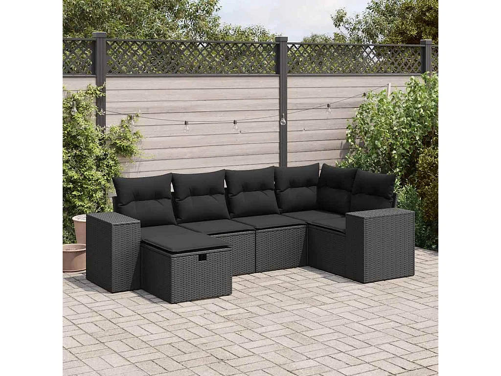 Salon de jardin 6 pcs avec coussins noir résine tressée