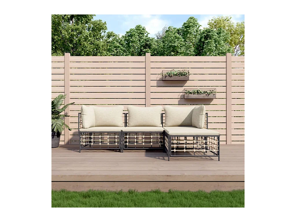 Salon de jardin 4 pcs avec coussins anthracite résine tressée