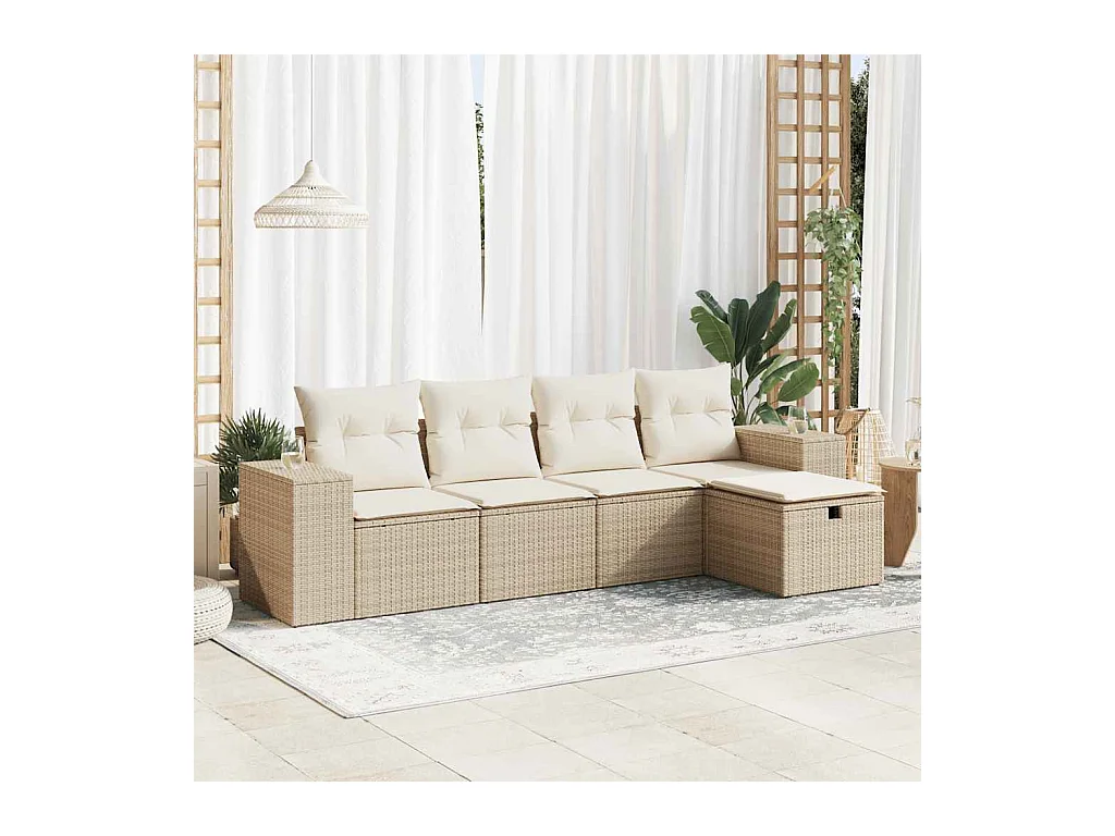 5-delige Loungeset met kussens poly rattan beige