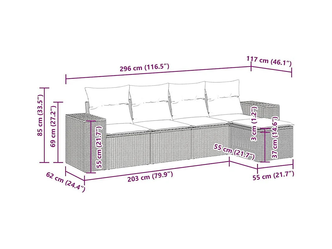 5-delige Loungeset met kussens poly rattan beige