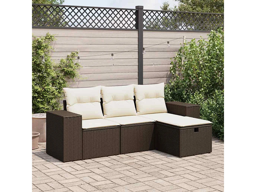 Salon de jardin 4 pcs avec coussins marron résine tressée