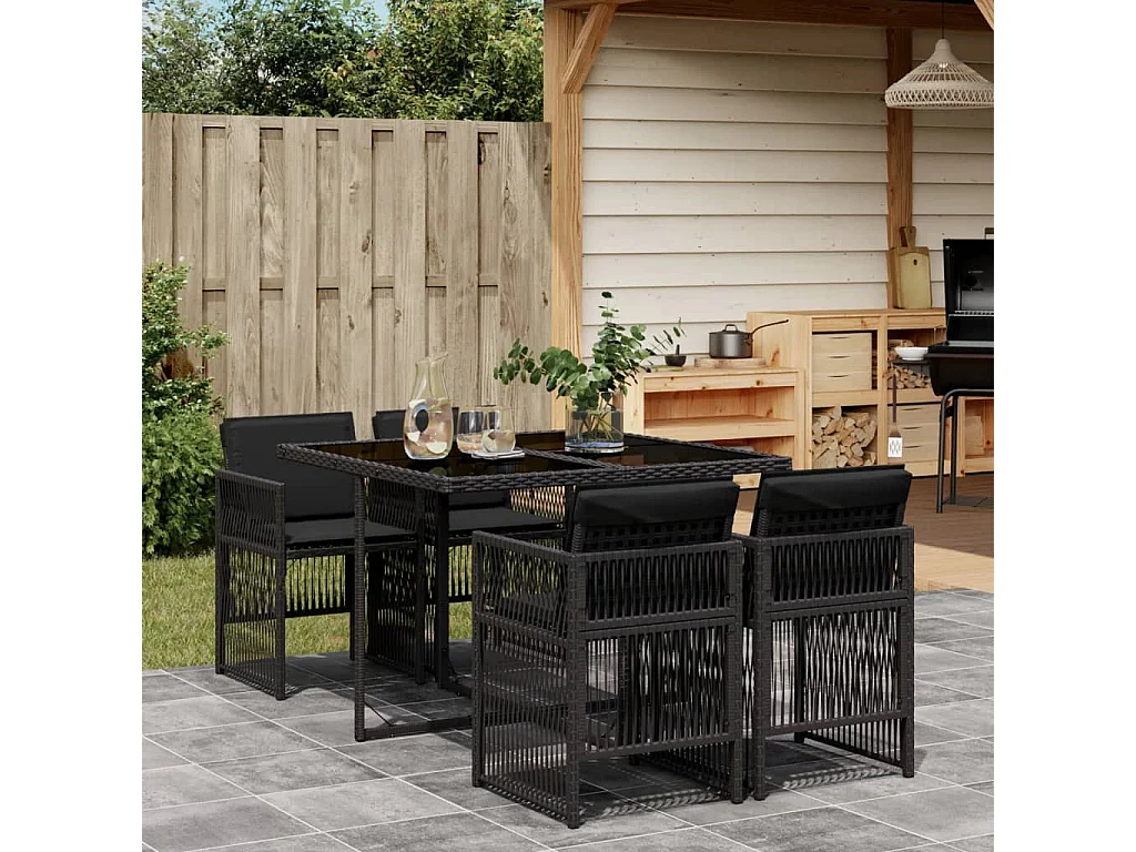 Ensemble à manger de jardin coussins 5pcs Noir Résine tressée
