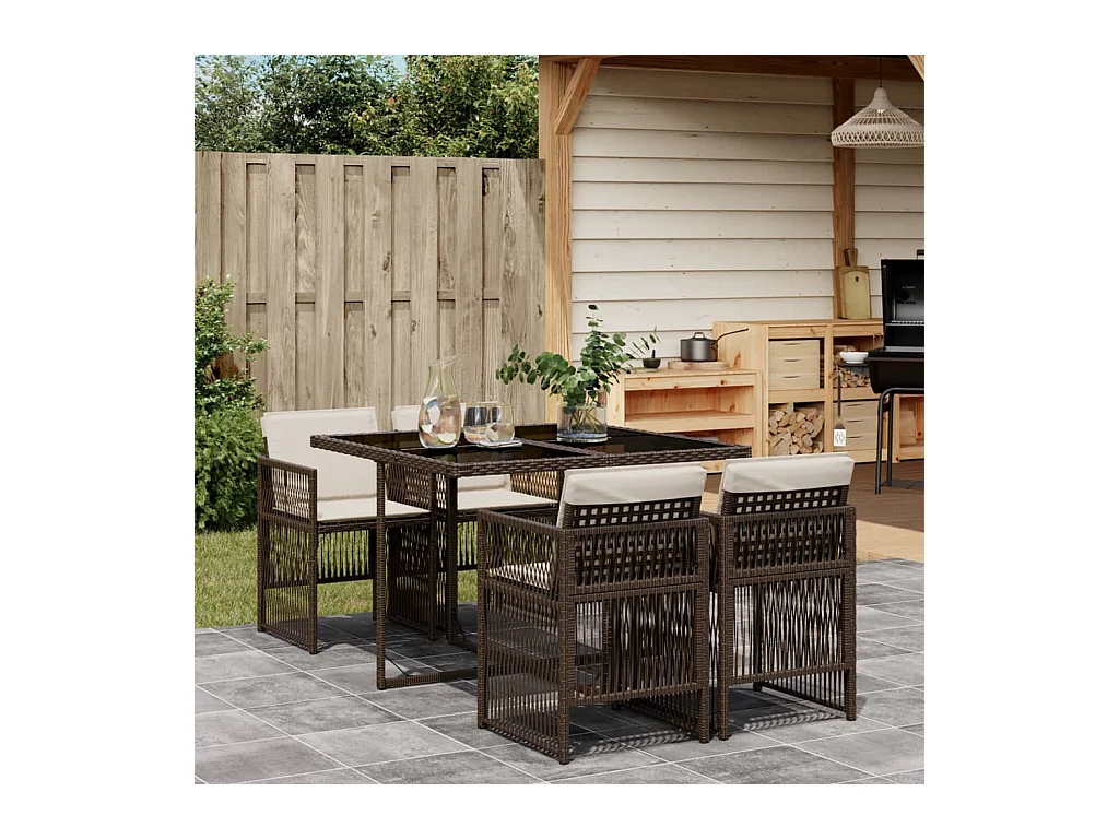Ensemble à manger de jardin 5 pcs et coussins marron poly rotin