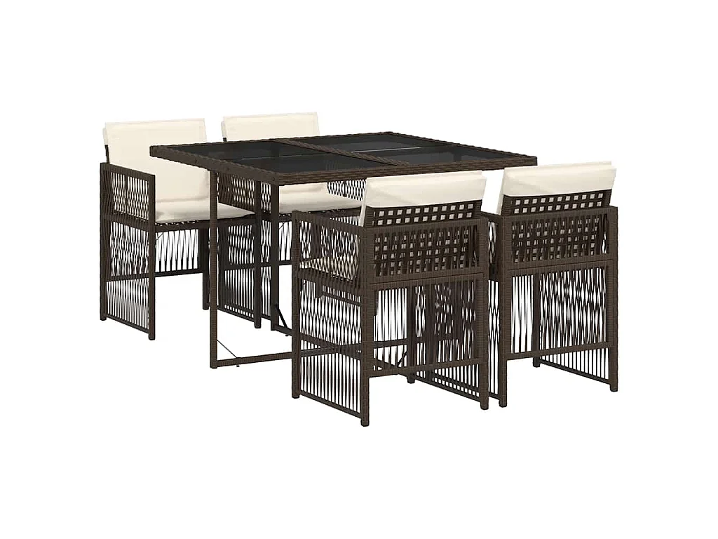 Set da Pranzo da Giardino 5pz con Cuscini in Polyrattan Marrone