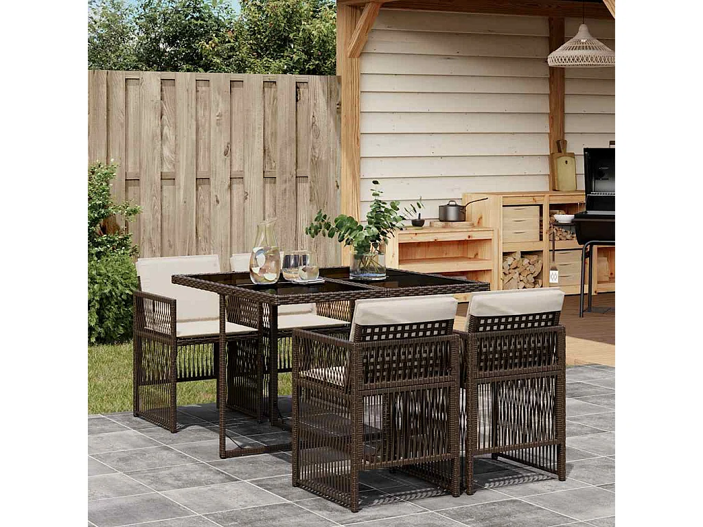 Set da Pranzo da Giardino 5pz con Cuscini in Polyrattan Marrone