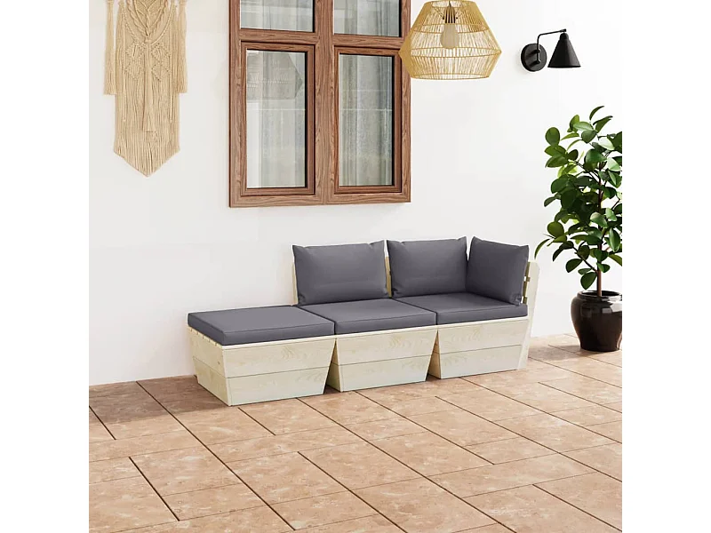 Set Divani da Giardino su Pallet 3 pz con Cuscini Legno Abete