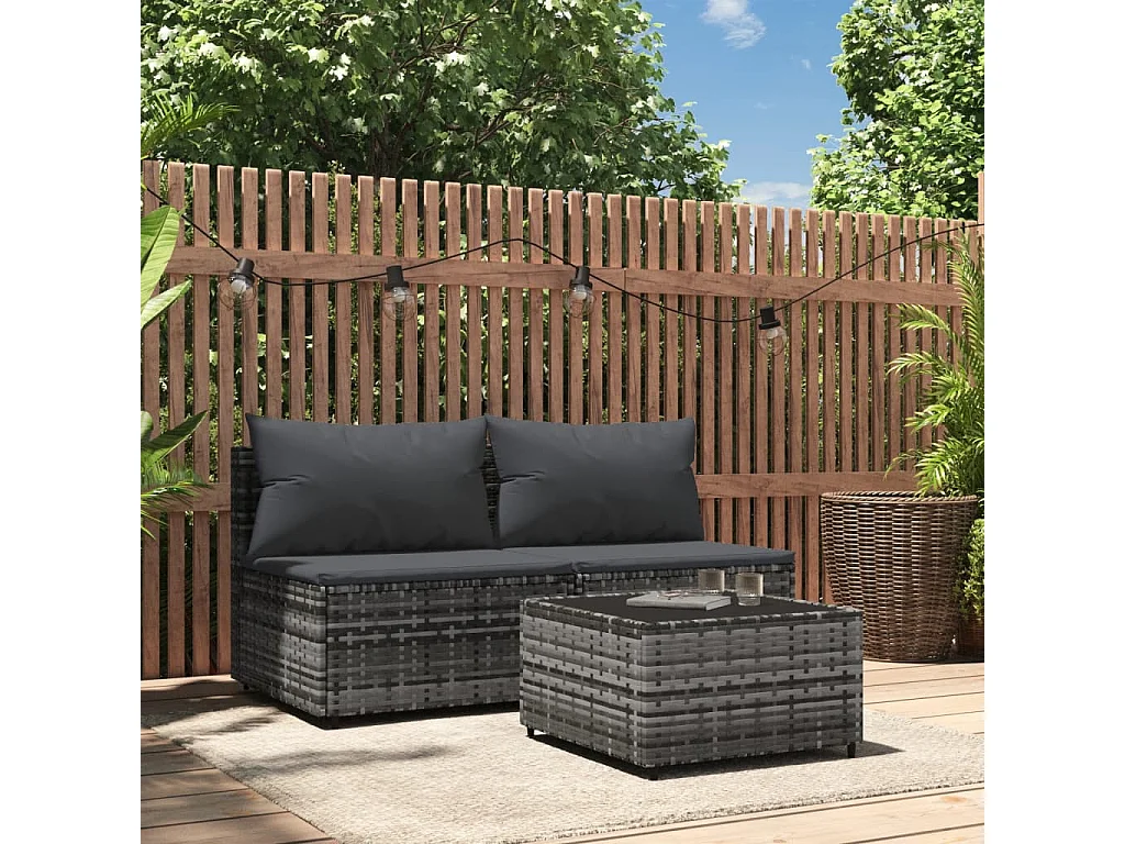 Salon de jardin 3 pcs avec coussins Gris Résine tressée