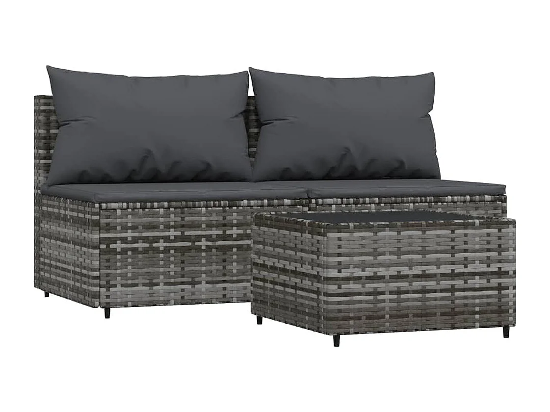 Salon de jardin 3 pcs avec coussins Gris Résine tressée
